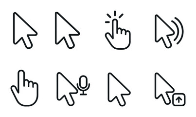 Gaming and navigation outline icons set – simple cursor, hand and joystick symbols