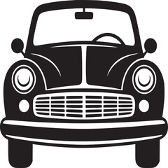 Front view of a classic car illustration in black and white with a minimalist design style shown