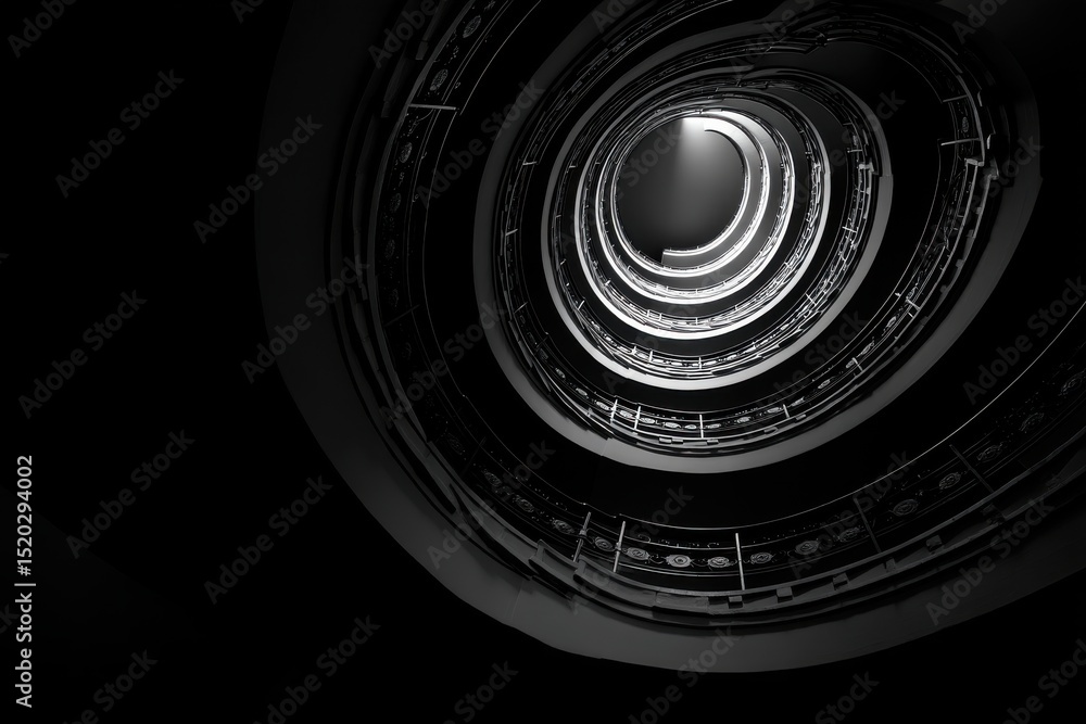 Poster a dramatic monochrome view looking up at a spiral staircase, showcasing architectural design, with r