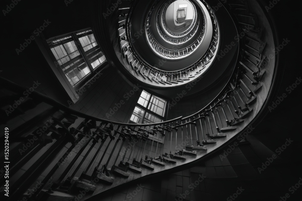 Poster a dramatic monochrome view looking up into a spiral staircase, depicting classic architecture and ge