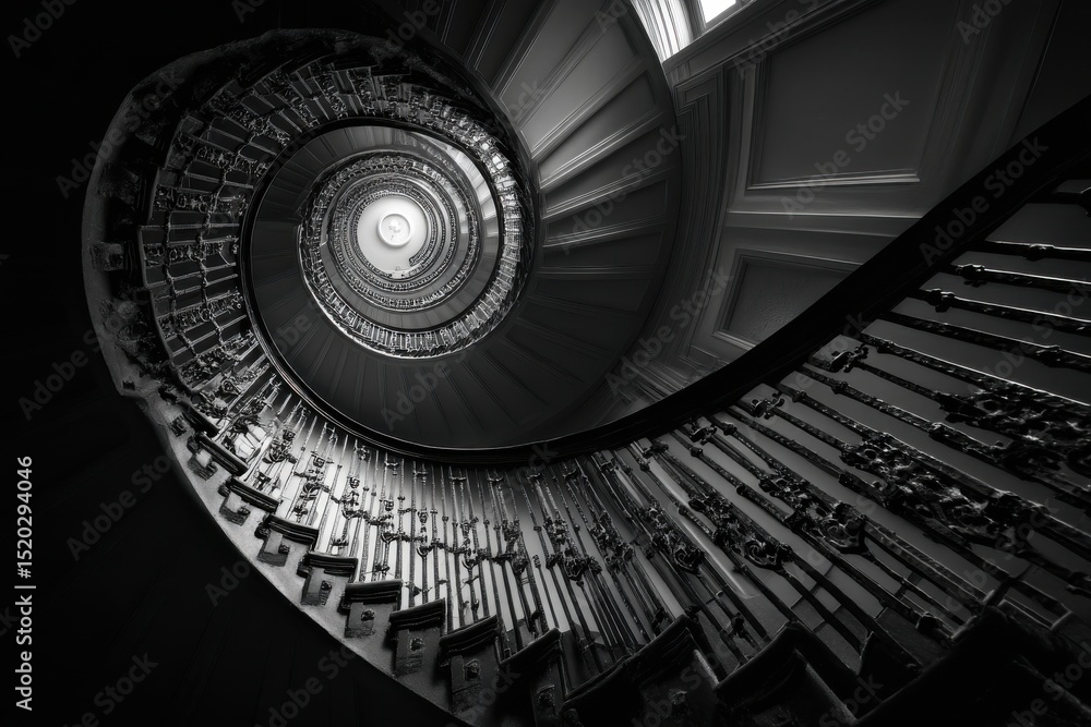 Poster a dramatic monochrome view looking up at a spiral staircase with ornate metal railings, creating a v