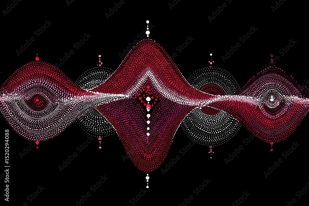 Poster abstract black background with symmetrical red and white dotted patterns and shapes, that create a v