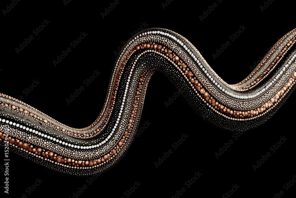 Poster A mesmerizing abstract 3D rendering of a sinuous form adorned with intricate patterns of metallic spheres, creating a sense of depth and visual interest against black backdrop.