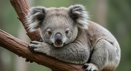 Adorable koala resting on a tree branch in natural habitat, showcasing intricate details of fur and tranquil expression in stunning wildlife photography