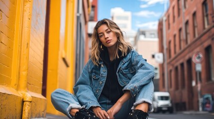 Naklejka premium Stylish Young Woman in Denim Outfit Posing in Urban Alleyway with Colorful Background