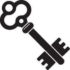 Isolated black key with intricate bow and simple teeth design against a white background space