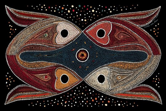 An intricate Aboriginal dot art depicting mirrored figures in earth tones, showcasing traditional indigenous craftsmanship and symbolism, vibrant and captivating imagery