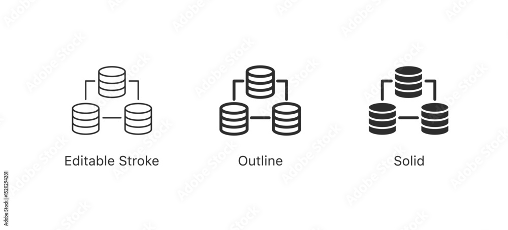 Poster A set of network database icons in editable stroke, outline and solid styles, symbolizing data migration, distributed systems, and networked information