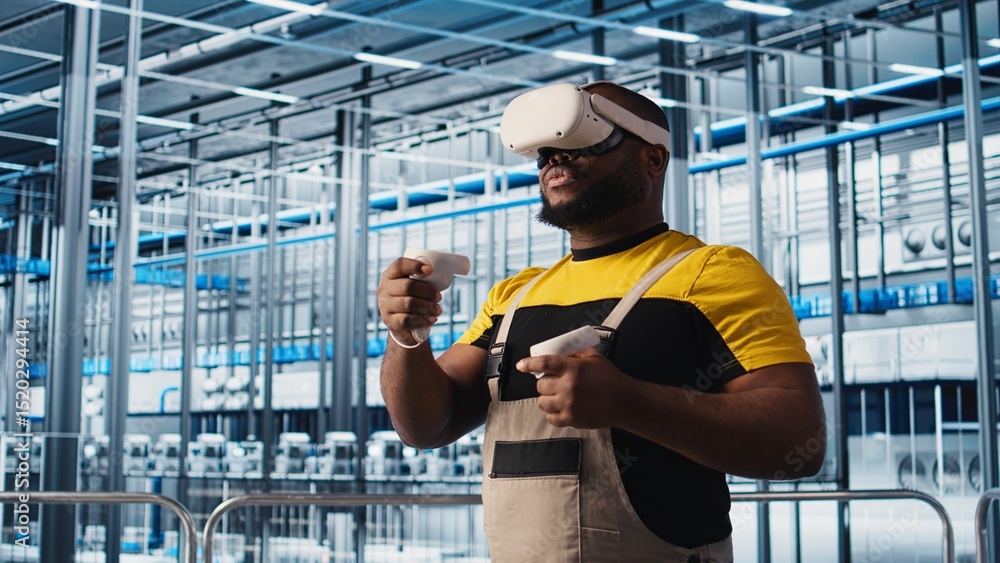 Aufkleber smart factory engineer using vr headset to oversee operation of robotic arms and conveyor belts. ind