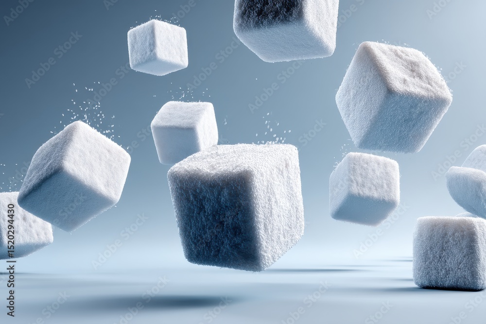Poster a fresh and clean image of several ice cubes floating in the air, on a cool blue background, creates