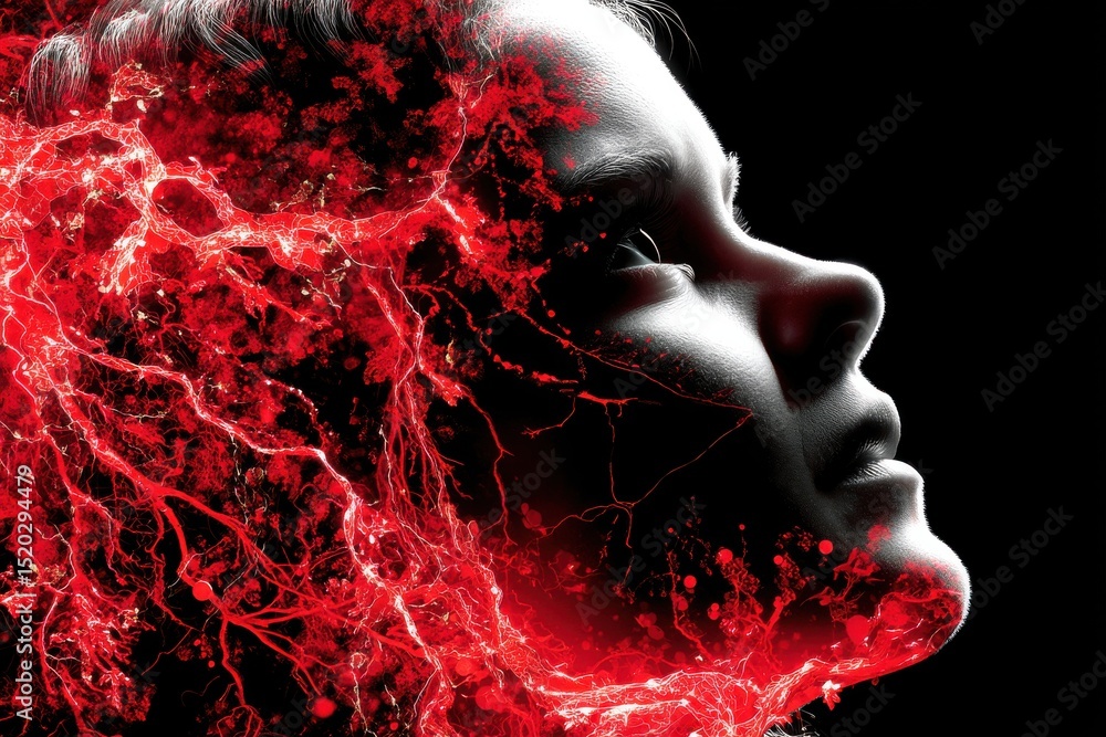 Poster a conceptual image of a human face with a network of vibrant red structures overlayed, symbolizing c
