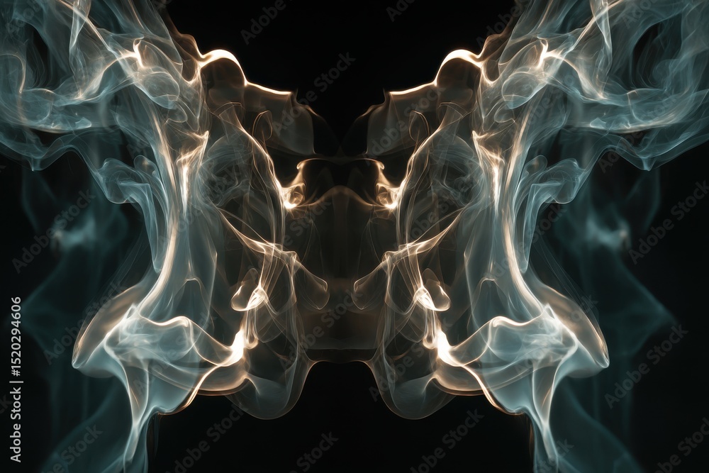 Poster abstract mirrored design featuring billowing smoke patterns in ethereal light, creating mesmerizing 