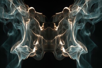 Abstract mirrored design featuring billowing smoke patterns in ethereal light, creating mesmerizing symmetrical shapes against a dark background.