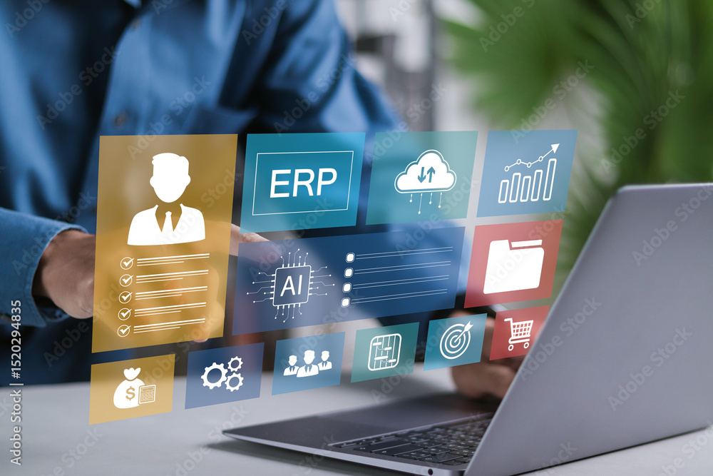 Poster erp enterprise resource planning concept, businessman working with enterprise resource planning syst