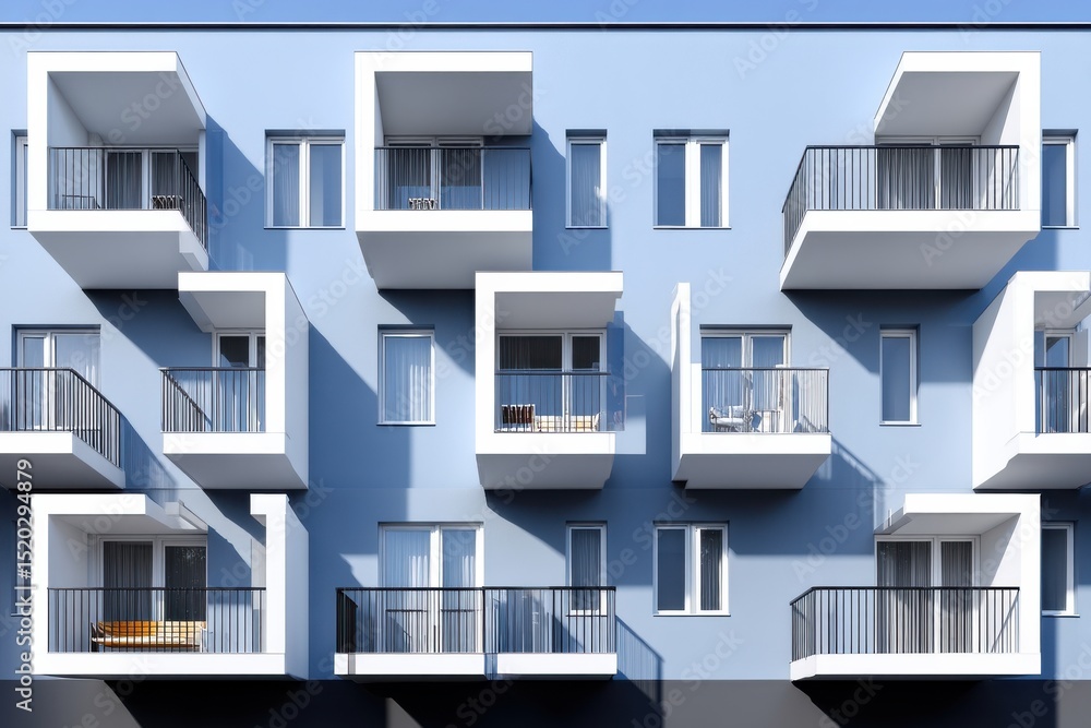 Aufkleber geometric facade of a modern apartment building with blue walls and white balconies, creating a cont