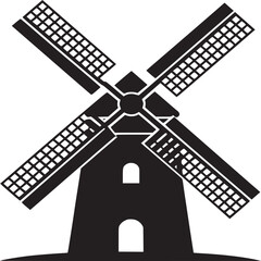 A simple black and white illustration of a windmill with four blades and two arched windows