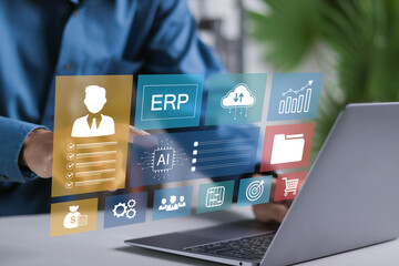 ERP enterprise resource planning concept, Businessman working with enterprise resource planning...