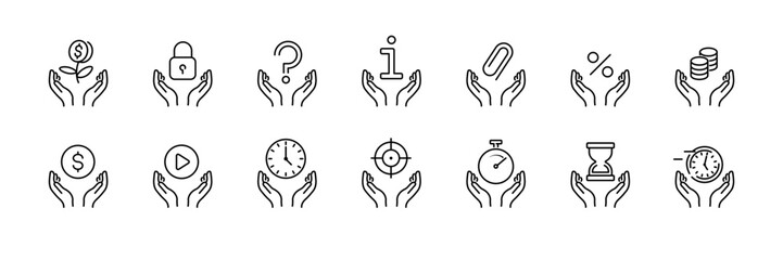 Set of icons with hands holding symbols for business and finance concept