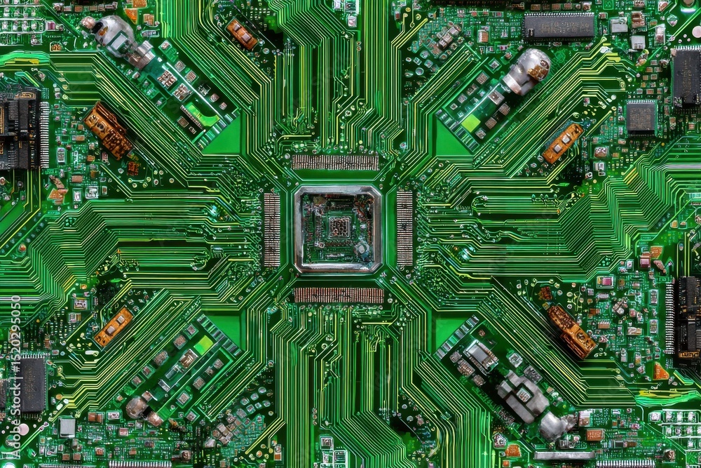 Poster a high-angle close-up of a vibrant green and yellow computer circuit board, showcasing the intricate