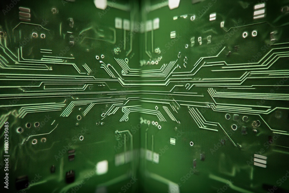 Poster a close-up shot of a detailed green circuit board showcasing intricate pathways and connections, ref
