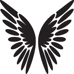 A symmetrical black illustration of two stylized wings against a plain white background design element