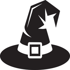 A black and white graphic illustration of a witch hat with a buckle on a white background