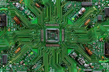 Fototapeta premium A high-angle close-up of a vibrant green and yellow computer circuit board, showcasing the intricate patterns and complex electronic components for technology applications.