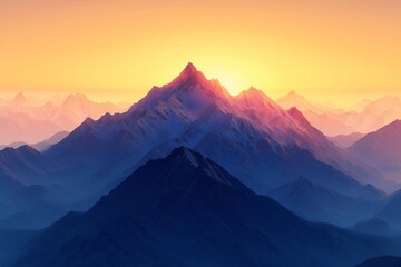 Obraz premium Breathtaking Sunset Over Majestic Mountain Range. A Serene Mountainous Landscape with Beautiful Colors and Aerial View