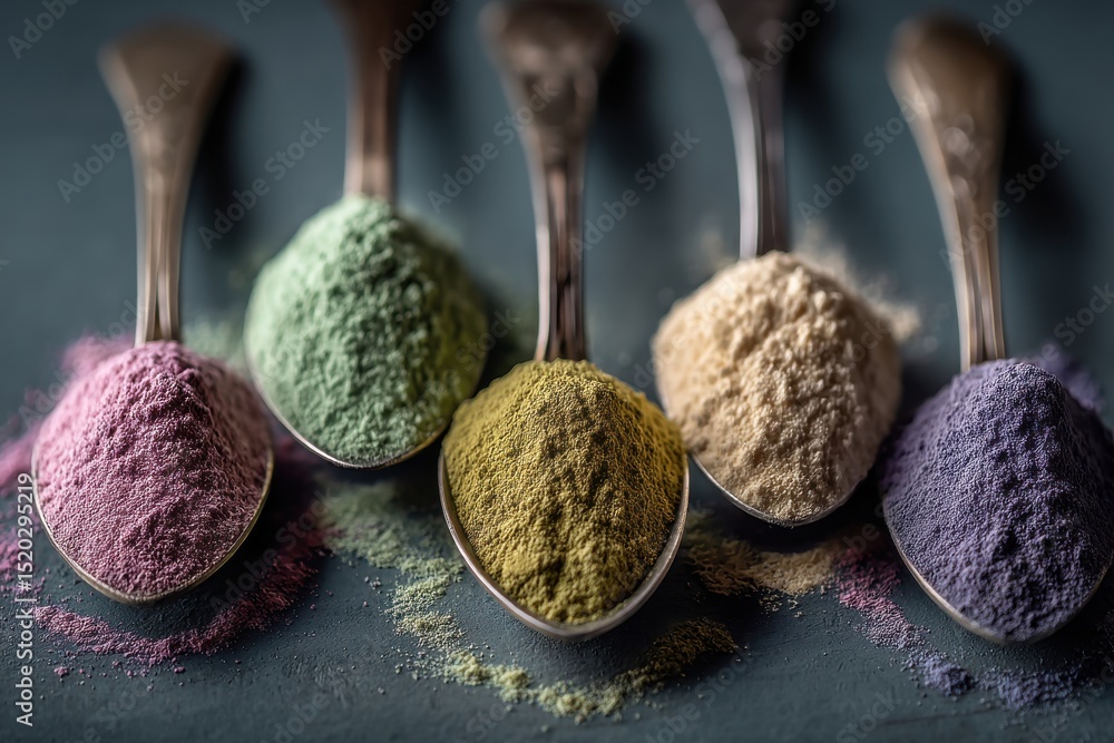 Poster a captivating close-up of vibrant colored powders in antique silver spoons on a dark table, creating