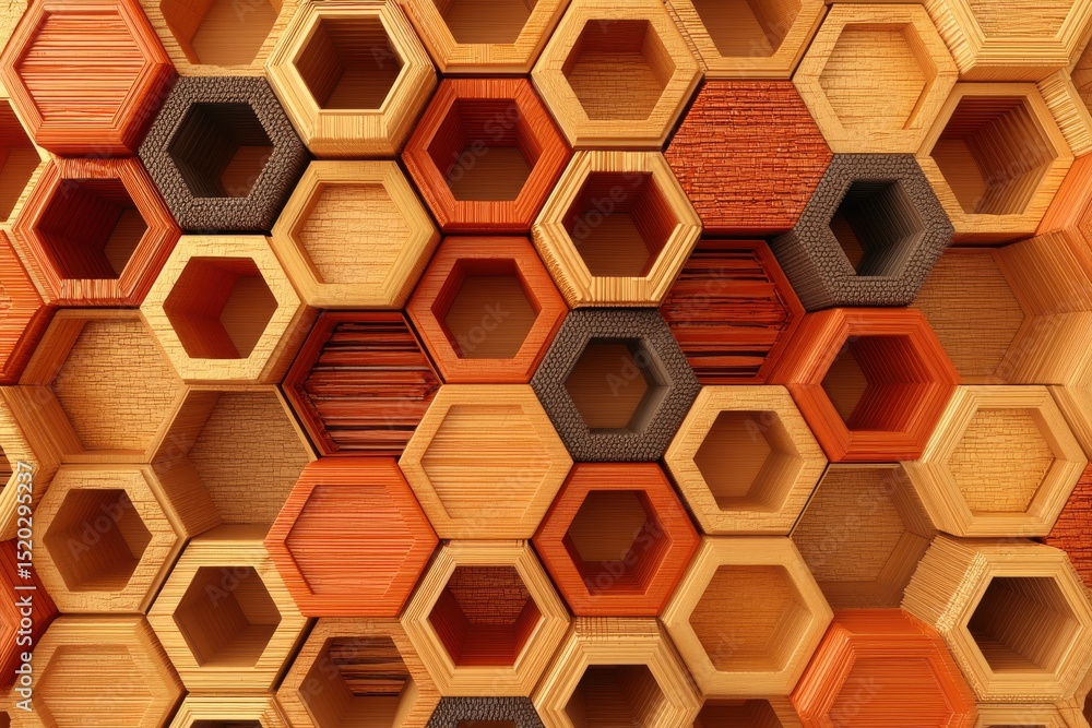 Poster a dynamic abstract background featuring a hexagonal honeycomb pattern with orange, brown, and beige 