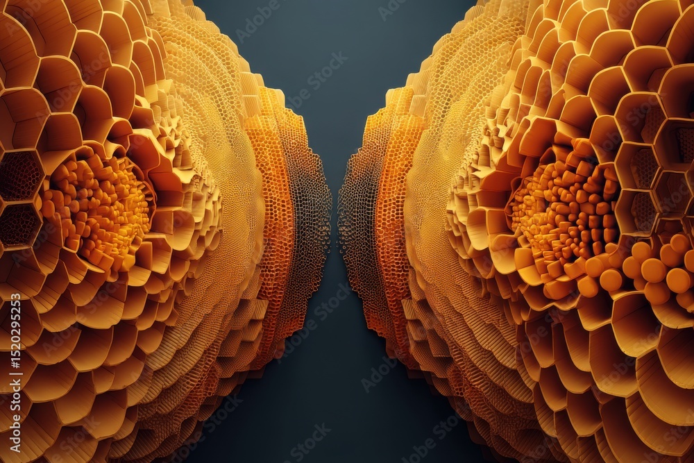 Poster abstract honeycomb structure in vibrant orange hues against dark background, creating a visually str