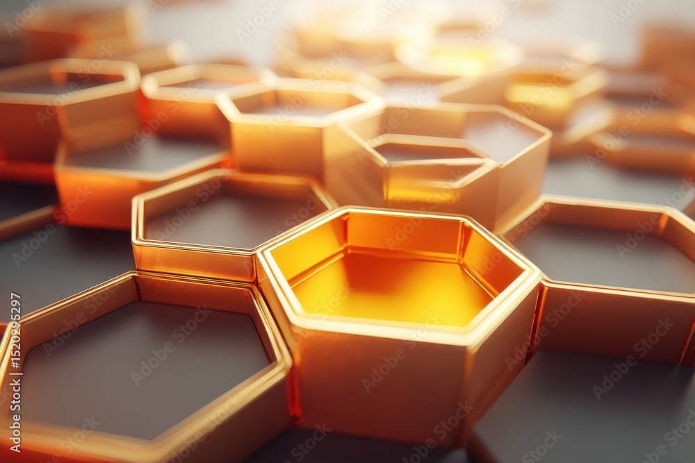 Poster a close-up view of a golden hexagonal grid pattern reflecting light with a dark background, perfect 