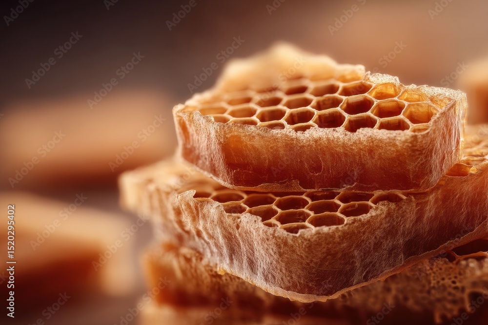 Poster close-up of natural honeycomb pieces stacked with intricate hexagonal structures, showcasing organic