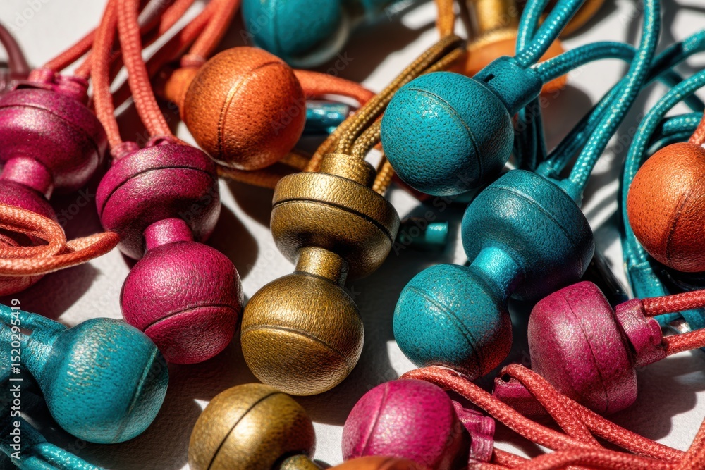 Poster a close-up of vibrant, textured colorful toggles with cords in an artistic display, showcasing a ran
