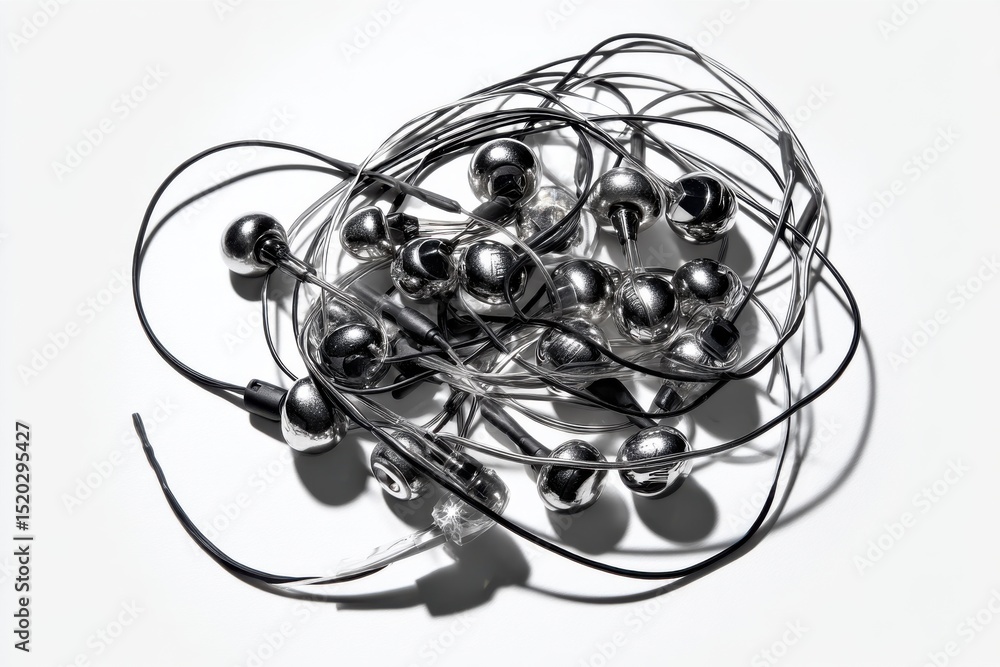 Poster a pile of tangled chrome earphones on a white surface, creating a modern and abstract composition sh