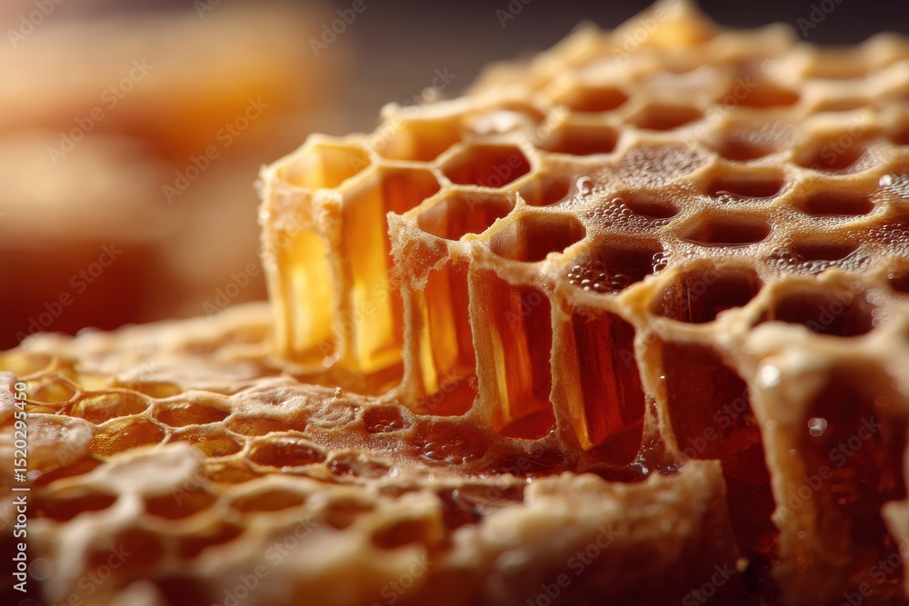 Poster a close-up view of natural honeycomb filled with golden honey, showcasing its intricate hexagonal st