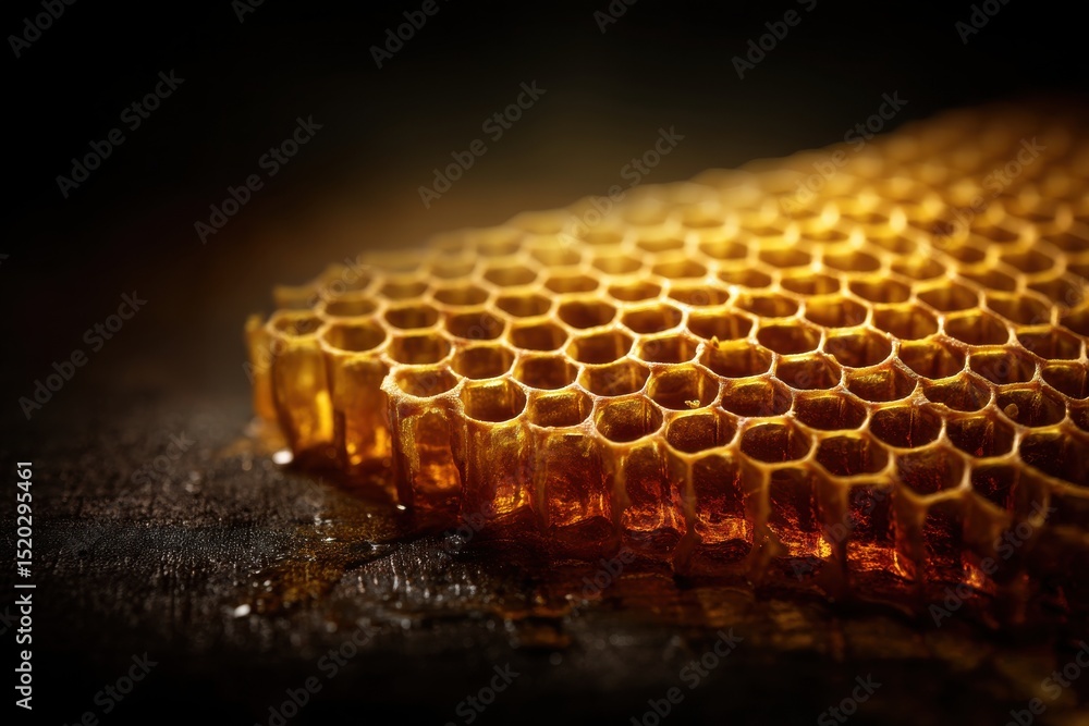 Aufkleber close-up shot of a golden honeycomb shining under soft light, showcasing its hexagonal structure and