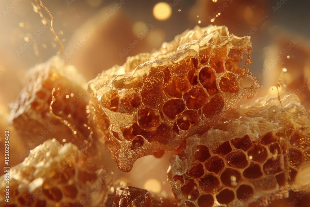 Poster a close-up shot showcasing the intricate structure of honeycomb with golden honey, emphasizing the s