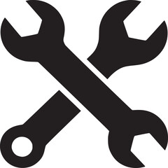 Illustration of two crossed black wrenches on a white background in a simple graphic style