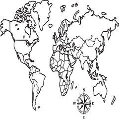 A black and white outline map of the world with a compass rose in the bottom right corner area