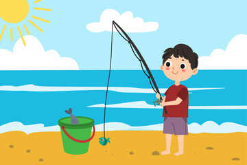 Cute boy fishing on the beach, summer beach kids vector illustration