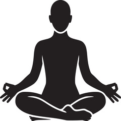 Black silhouette of a person in lotus position meditating on a white background with hands in mudra