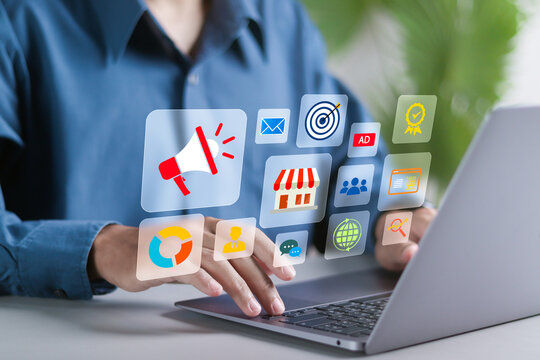 Digital marketing technology online concept. Businessman use laptop with public relations icon. SEO, Advertising, Ecommerce, direct sale, digital marketing strategies and goals.