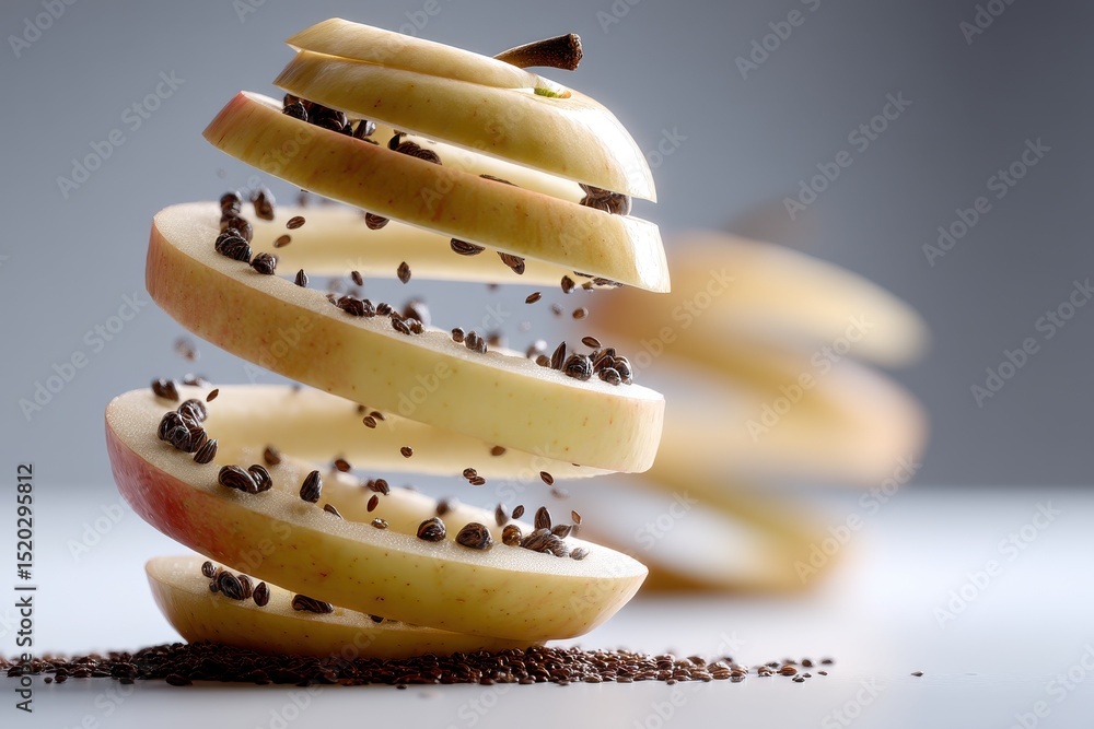 Aufkleber a creative presentation of sliced apple with small seeds in the air, creating a dynamic food art com