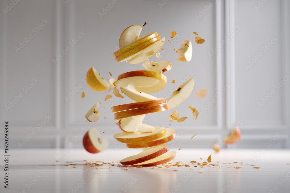 Aufkleber a creative shot of an apple, sliced and floating in mid-air, showcasing its texture and color, isola