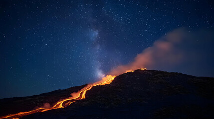 Night Volcano Eruption With Lava Flow And Milky Way
