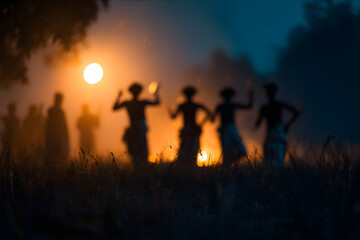 Fototapeta premium People dancing around a Midsummer Bonfire wearing traditional wreaths on their heads. Midsummer celebration concept. 