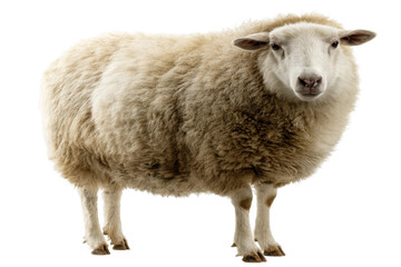 Portrait of a woolly sheep with fluffy fleece standing against white background, cut out