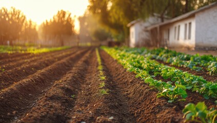 Sunny morning in the village, a vegetable garden with rows of vegetables growing on rich soil near a white cottage house