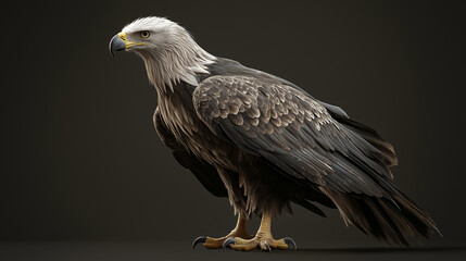 Obraz premium A majestic White-tailed Eagle stands in full view against a black background, showcasing its powerful build, broad wings, and striking yellow beak. 